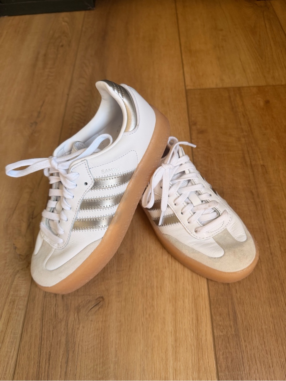 adidas Samba Platform Women's White Silver Sneakers with Gum Sole - Picture 5 of 5